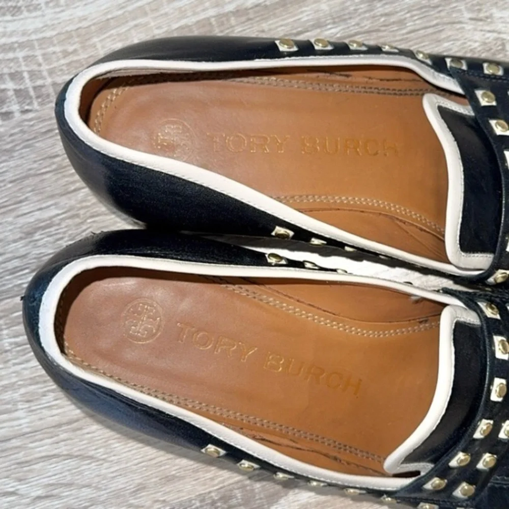 Tory Burch Perfect‎ Black Dolce Leather Studded Block Heel Slip On Loafers 7.5
